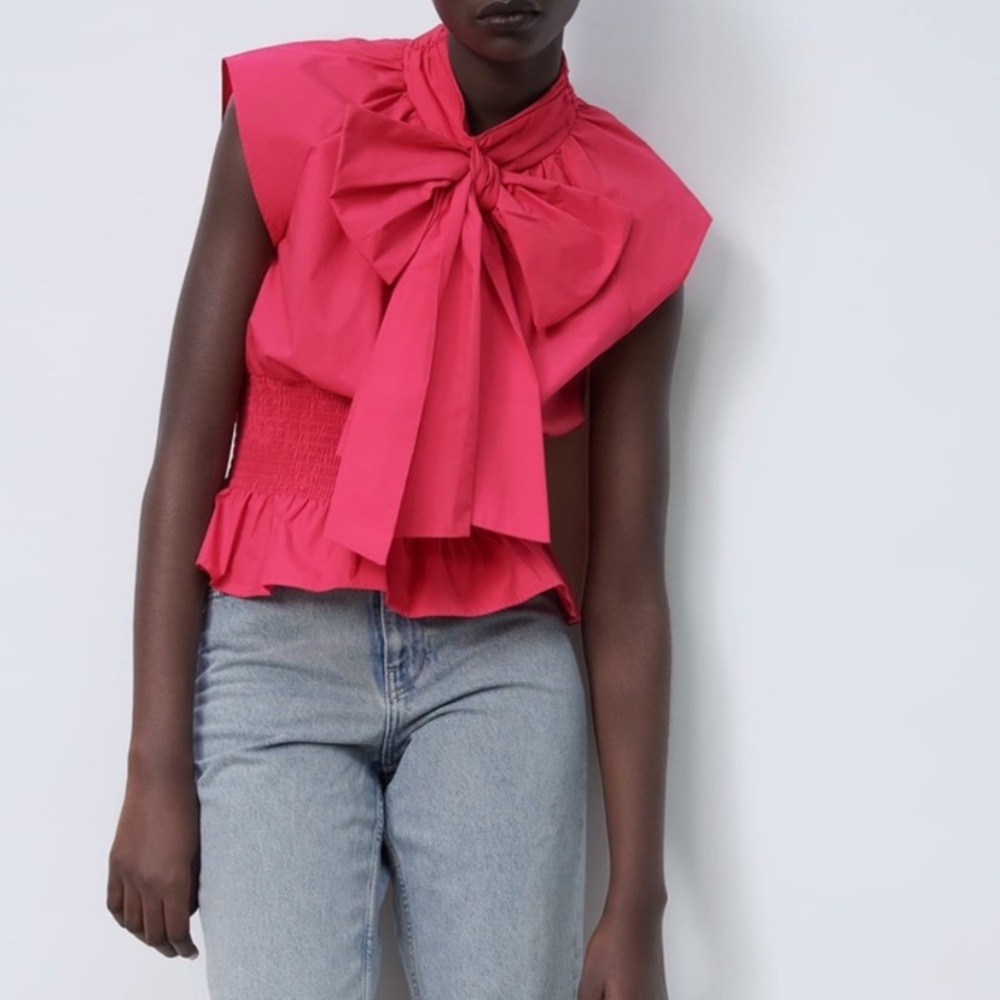 NWT Zara Pink Poplin Bow Sleeveless Smocked Blouse